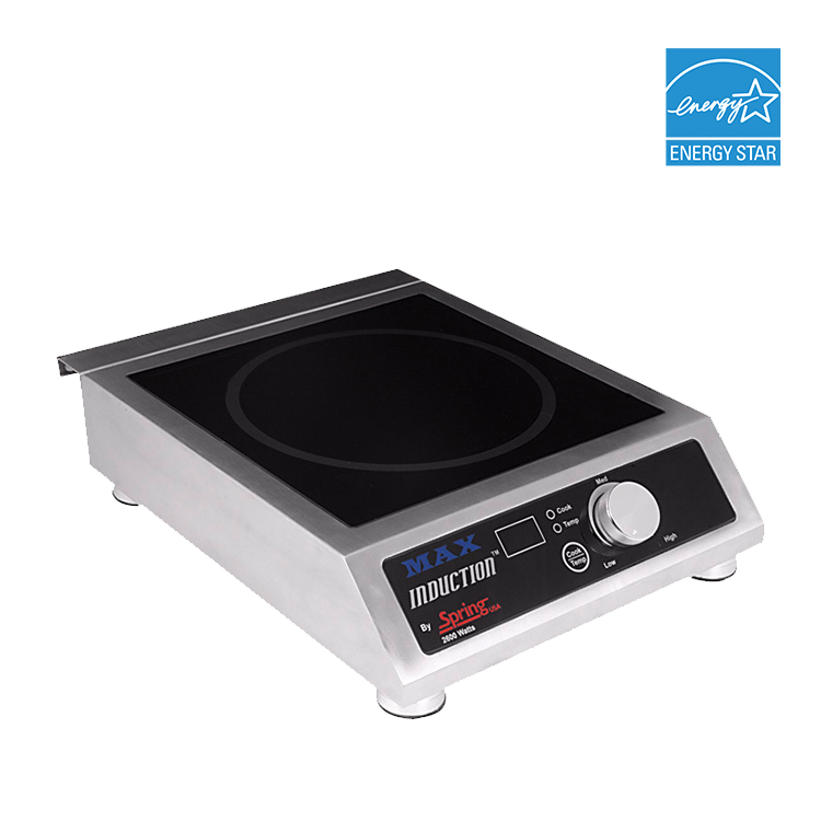 A single-burner MAX commercial induction cooker with a black glass surface, silver metal body, control knob, and LED indicators. The ENERGY STAR logo appears in the top right corner. This countertop range is shown on a plain white background.