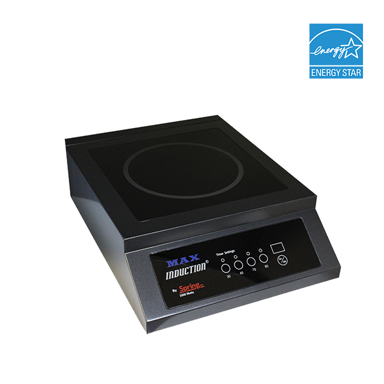 A black Max Induction countertop induction cooktop with SmartScan technology, digital control panel, circular cooking surface, and the Sprint logo is angled against a white background. An ENERGY STAR logo in the top right corner highlights energy efficiency.