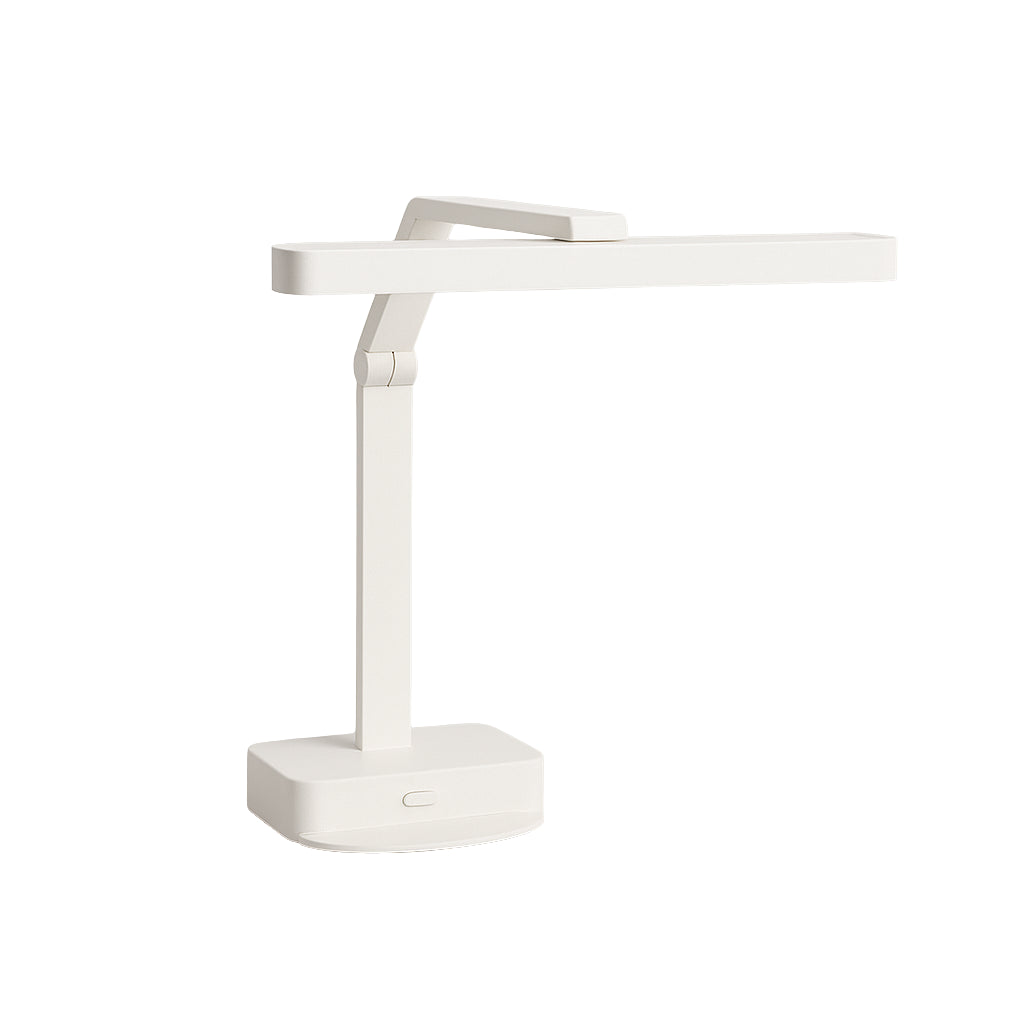 A modern, minimalist white desk lamp with a rectangular base, straight adjustable arm, and long horizontal light bar. The lamp’s geometric design features clean lines and sharp angles with a versatile multi-position setup.