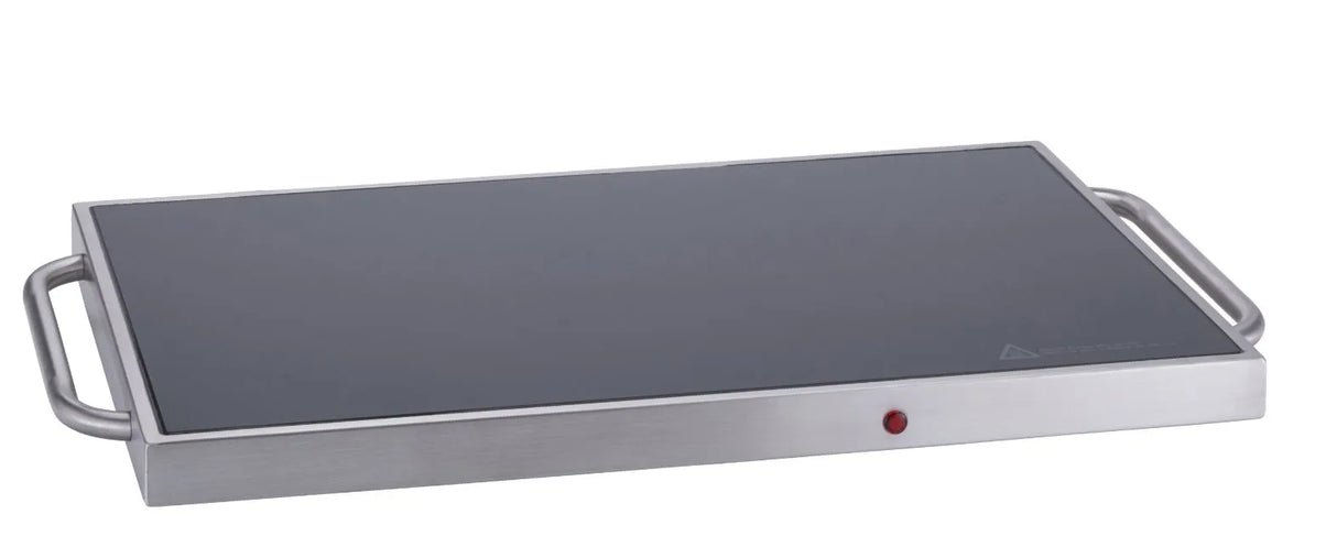 A rectangular warming tray with a stainless steel body, tempered glass surface, two metal side handles, and a red indicator light. Designed to keep food warm, it features a sleek, modern appearance perfect for entertaining.
