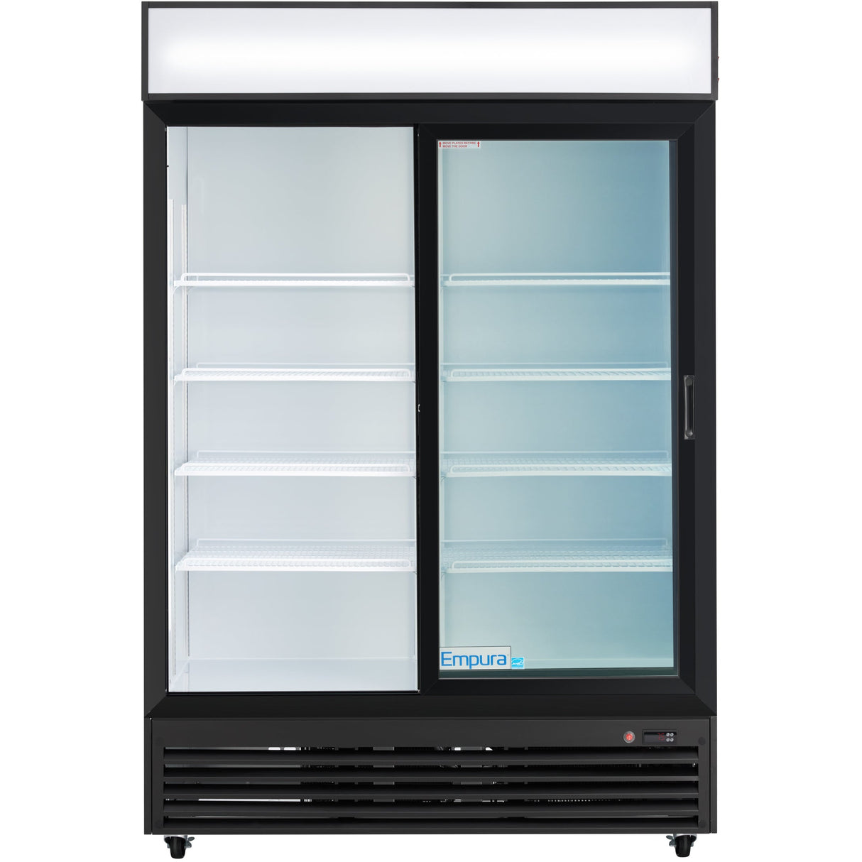 A large capacity commercial refrigerator with two sliding glass doors, black frame, and five white wire shelves inside. The left door is fully transparent, while the right shows condensation. “Empura” branding is visible at the bottom.