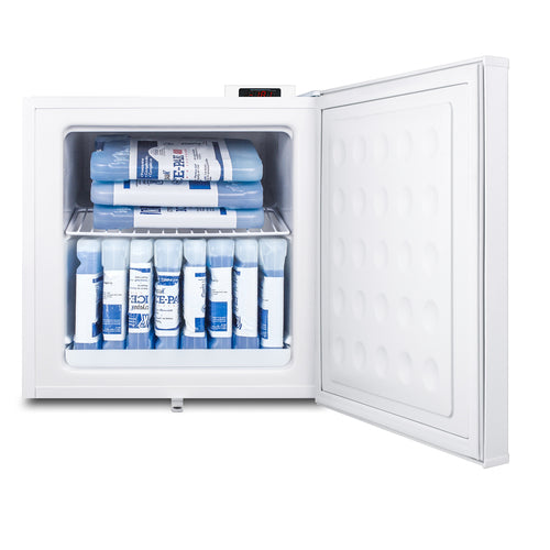 A compact all-freezer with its door open reveals multiple neatly stacked blue gel ice packs on a wire shelf and inside the compartment. The interior and door panel are white, and a small digital thermostat is located on top, ideal for precise storage needs.