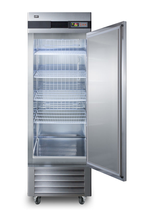 A stainless steel commercial upright freezer with a glass door open, revealing five empty wire shelves inside. The reach-in freezer stands on small wheels, features an electronic control panel at the top, and boasts interior lighting that illuminates the shelves.