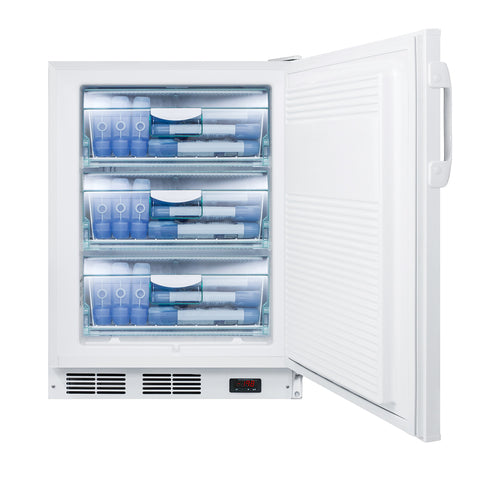 A white, upright commercial freezer with its door open reveals three transparent drawers filled with blue and white containers. The freezer has a digital display at the bottom and a handle on the door. The interior appears organized and well-lit.