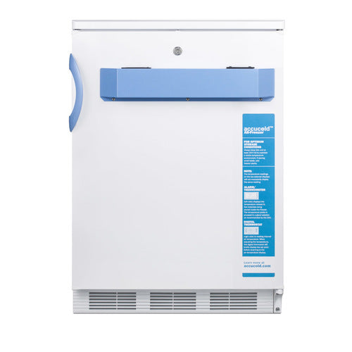 A white, front-opening Accucold Medical Freezer with a blue handle on the left and a blue information label on the right. The vent is at the bottom, and there is a rectangular blue fixture centered on the upper door. This ADA Compliant refrigerator stands against a plain background.