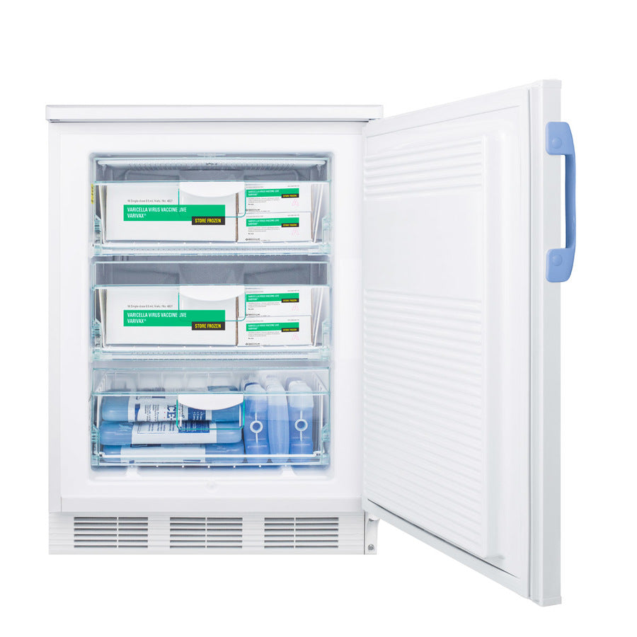 A white Accucold Medical Freezer with its door open reveals organized boxes of vaccines and vials stored in three transparent drawers. This ADA Compliant undercounter all-freezer features a blue handle, with all items neatly labeled and arranged for easy access and visibility.
