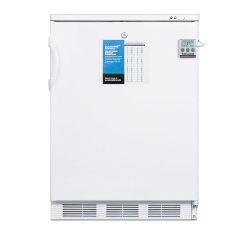 A white, upright Summit Commercial medical freezer with a side handle, vented base, digital thermometer, lock on top, and a blue information label with a temperature chart on the front. The freezer has indicator lights on the top right corner.