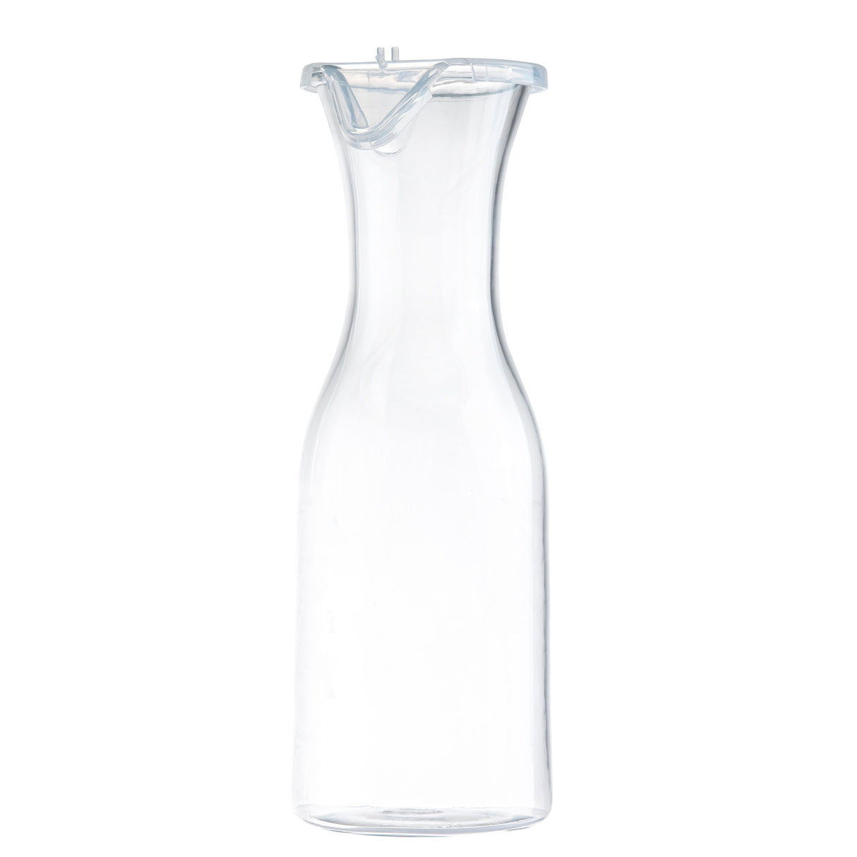 A clear, empty polycarbonate carafe with a narrow neck, rounded base, and a transparent plastic lid with a spout, holding 36 oz, photographed against a plain white background.