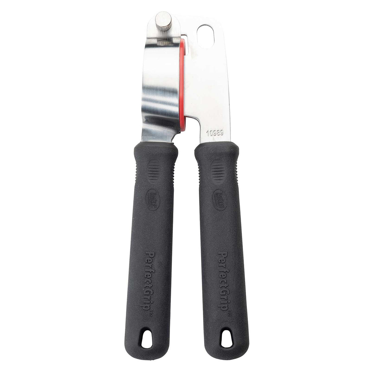 A TableCraft stainless steel can opener with two black, textured “Perfect Grip” handles. It features a cutting wheel, knob, and a red accent near the joint. The tool is positioned with the handles facing downward.