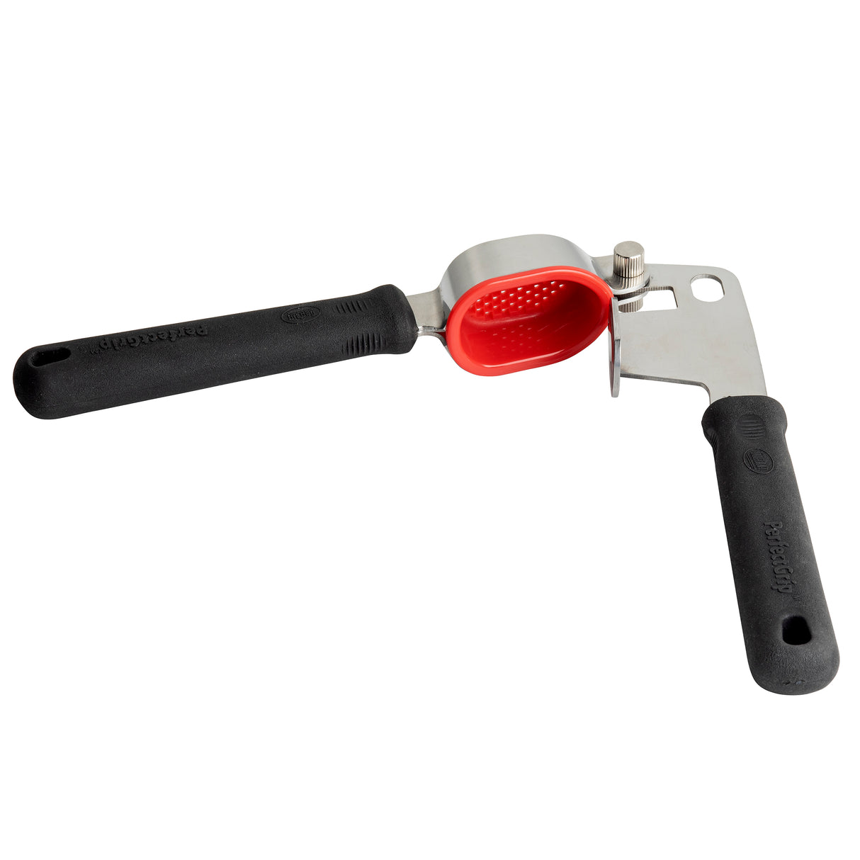 A modern, functional TableCraft garlic press with black handles and a red, perforated stainless steel chamber. The open handles reveal the inside of the chamber and pressing plate, highlighting its sleek design.