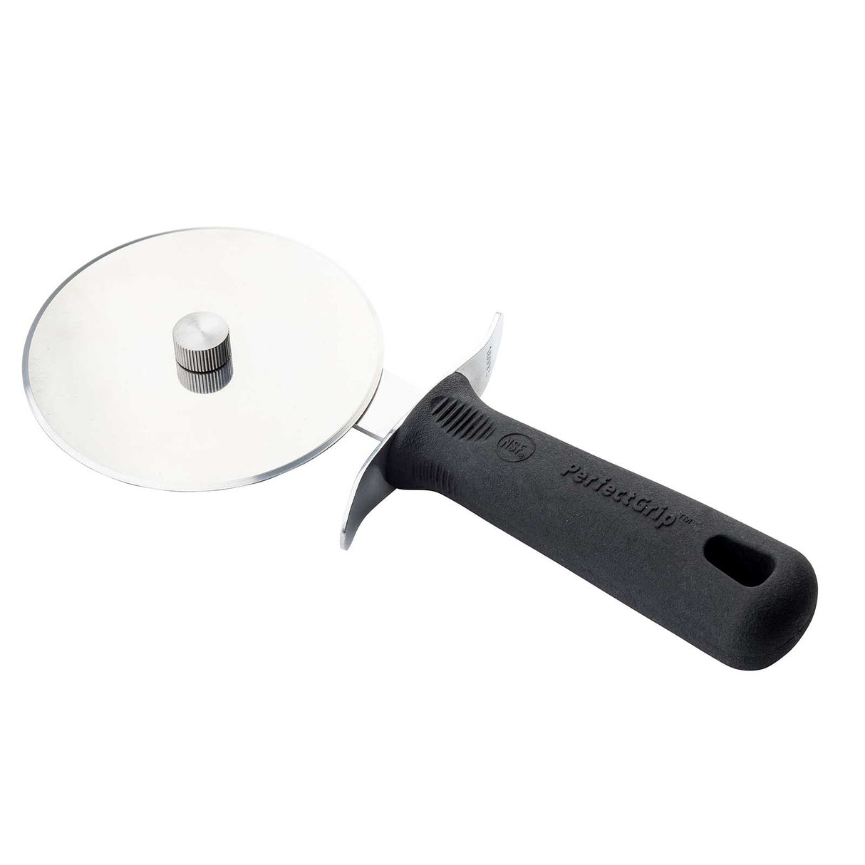 The TableCraft Products PerfectGrip Pizza Cutter features a large, round stainless steel blade, a black ergonomic handle with a finger guard, and a convenient hanging hole—ideal for effortless pizza slicing.