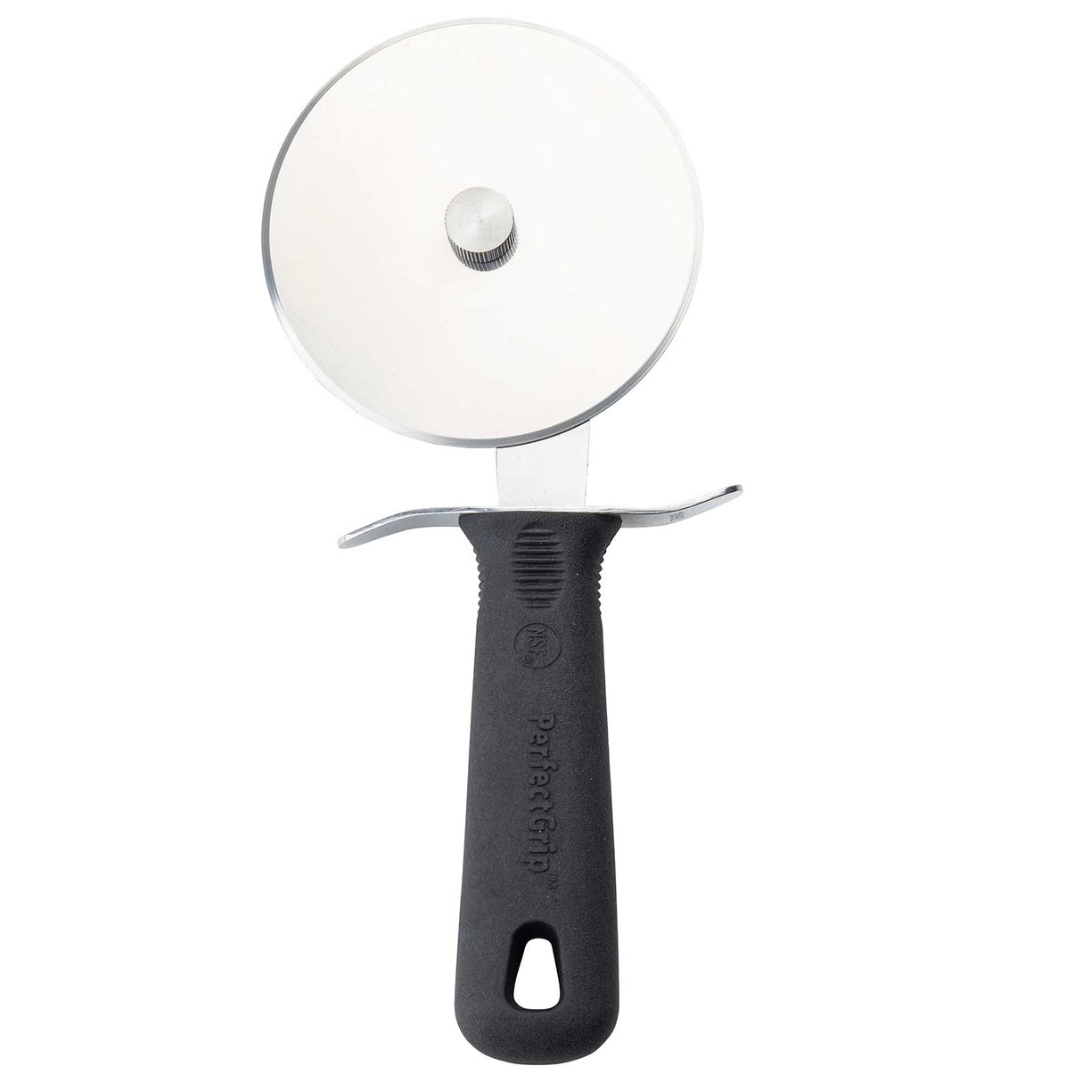 The TableCraft Products PerfectGrip Pizza Cutter features a sharp, round stainless steel blade and a black ergonomic handle with a thumb guard. The handle includes a hanging hole, and the brand logo is embossed for a stylish touch.