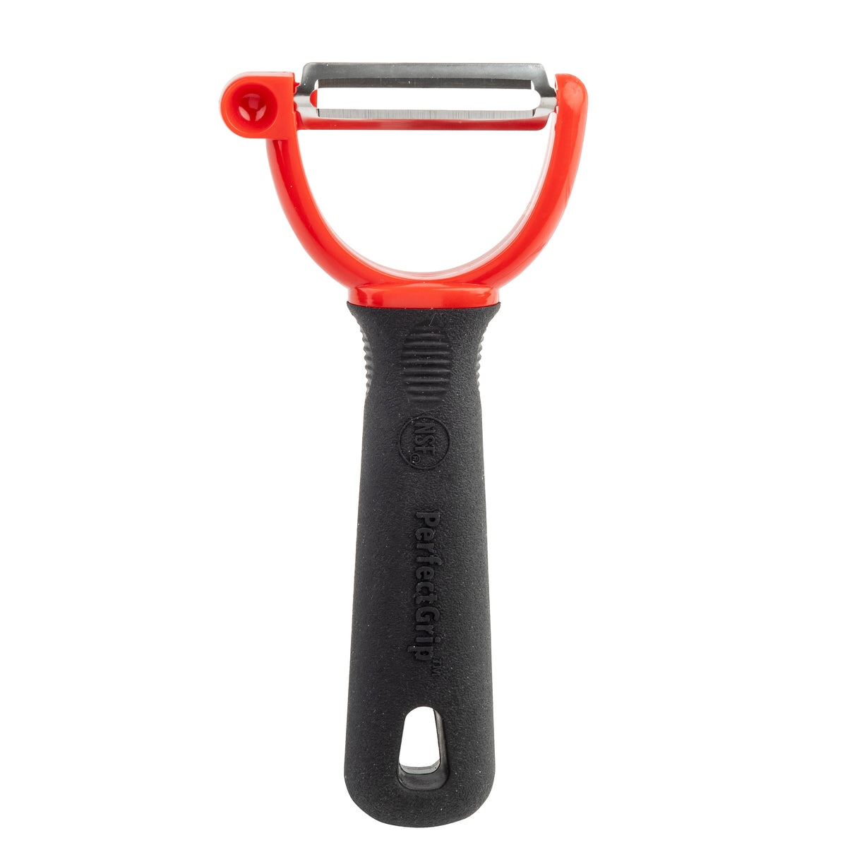 This TableCraft Y Peeler features a black textured handle, wide horizontal stainless steel blade, and vibrant red frame. The stainless steel peeler has a convenient hanging hole and is set against a white background.
