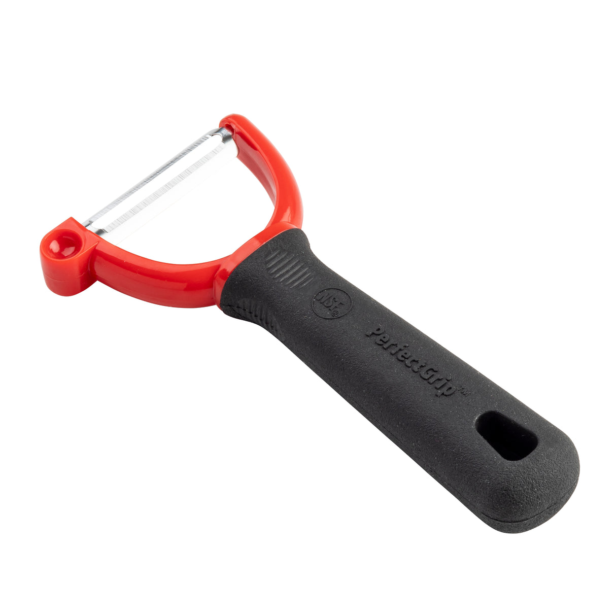The TableCraft stainless steel Y Peeler features a black ergonomic handle and a wide, U-shaped red frame with a sharp horizontal blade. Its textured grip ensures comfort and control, while a hole at the end allows easy hanging.