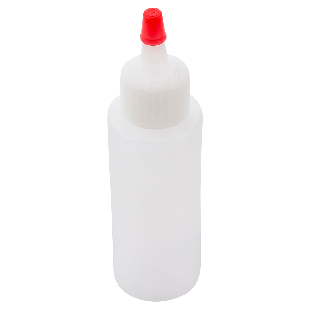 A translucent 2 oz. TableCraft Chef Squeeze Bottle with a white ribbed screw-on cap and a small red pointed nozzle for dispensing liquids. The bottle is shown upright against a white background.