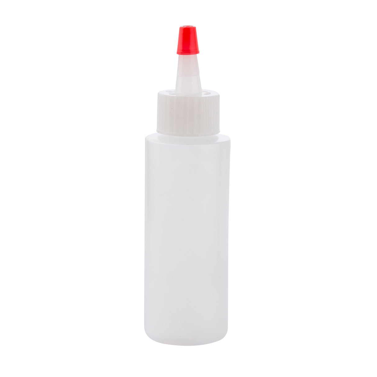 A 2 oz. TableCraft Chef Squeeze Bottle made of translucent plastic with a white screw-on cap and a pointed red nozzle tip, perfect for dispensing glue or condiments. The bottle is photographed against a white background.