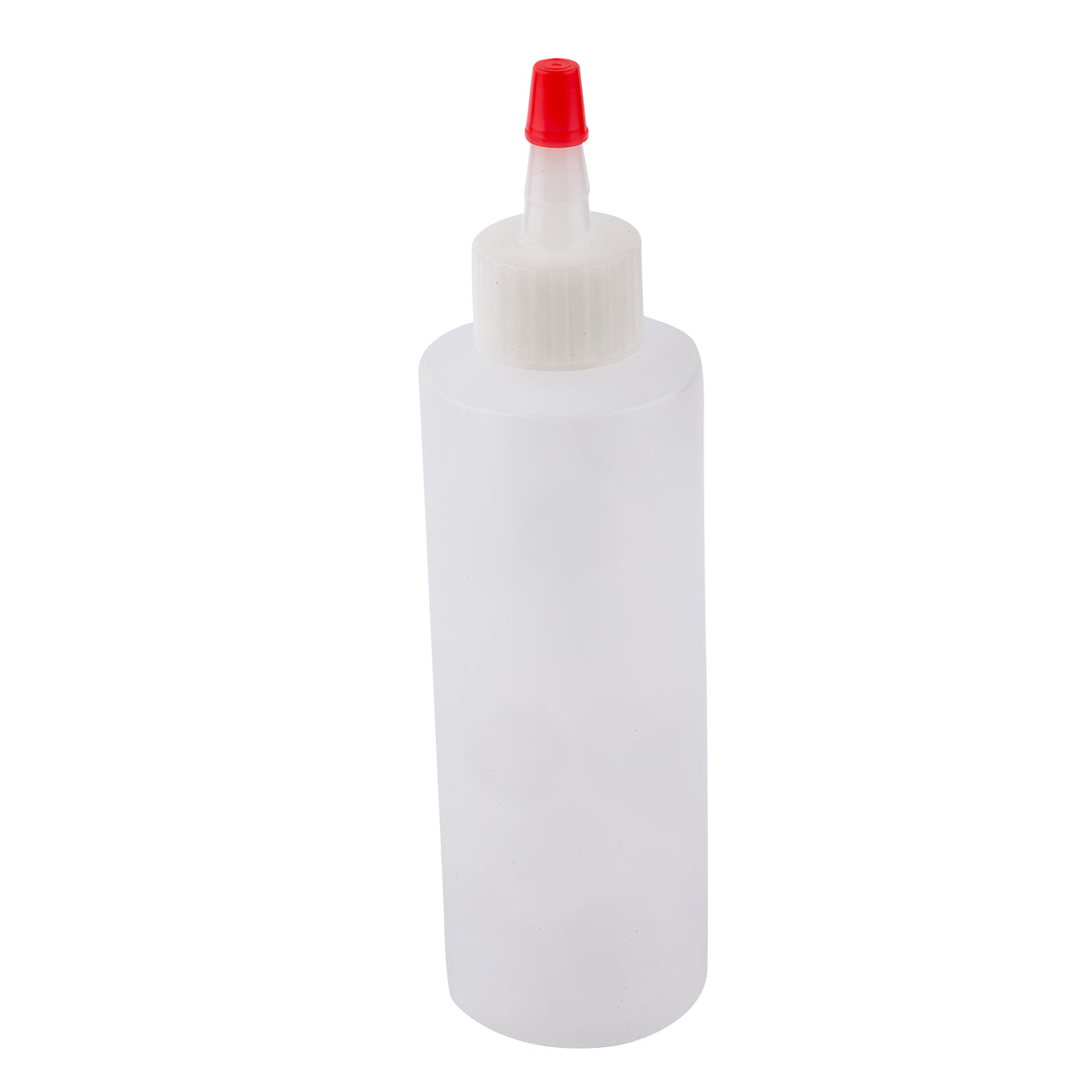 A 4 oz. Chef Squeeze Bottle by TableCraft with a clear plastic body, white twist cap, and red pointed nozzle, shown upright against a plain white background.