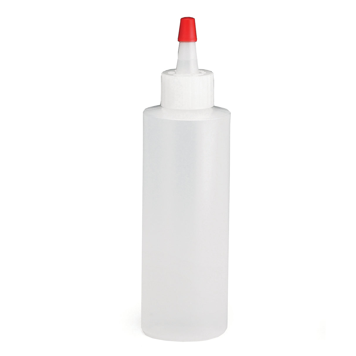 A clear, cylindrical TableCraft 4 oz. Chef Squeeze Bottle with a white screw-on cap and narrow pointed nozzle topped by a small red cap, standing empty and upright against a plain white background.