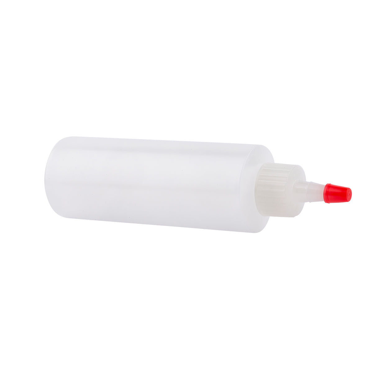 A translucent, cylindrical Chef Squeeze Bottle by TableCraft lies on its side. It features a white ribbed twist cap and a pointed red nozzle tip, perfect for dispensing glue, sauces, or other liquids. The bottle holds 4 oz.; background is plain white.