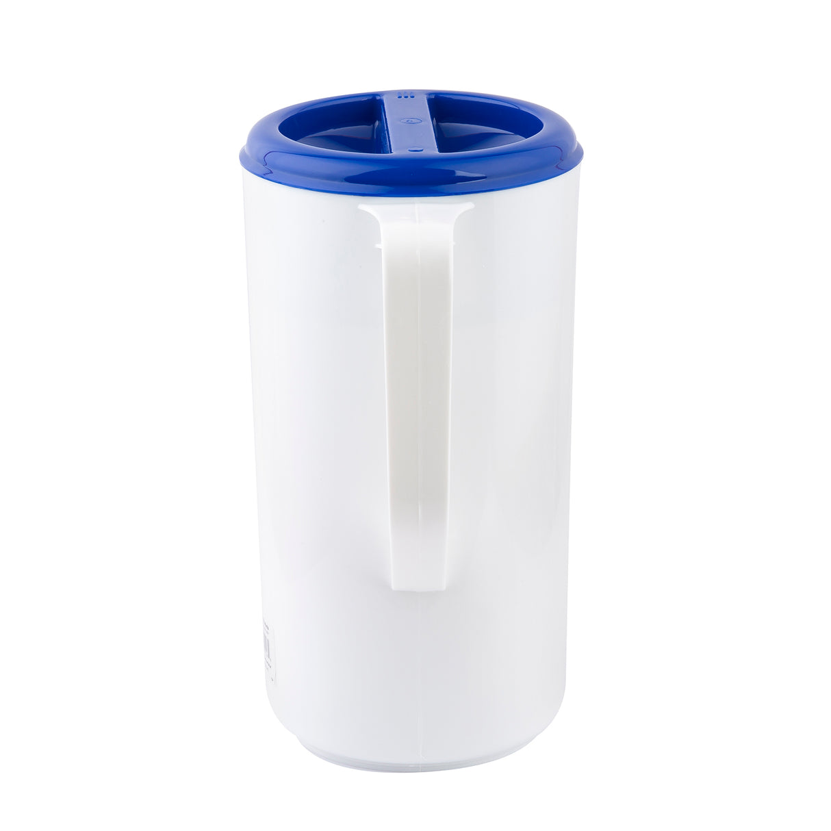 A BPA free white plastic pitcher with a large handle, featuring a blue lid with a raised center and built-in spout. The dishwasher safe lid fits snugly on top, and the pitcher stands upright against a plain white background.