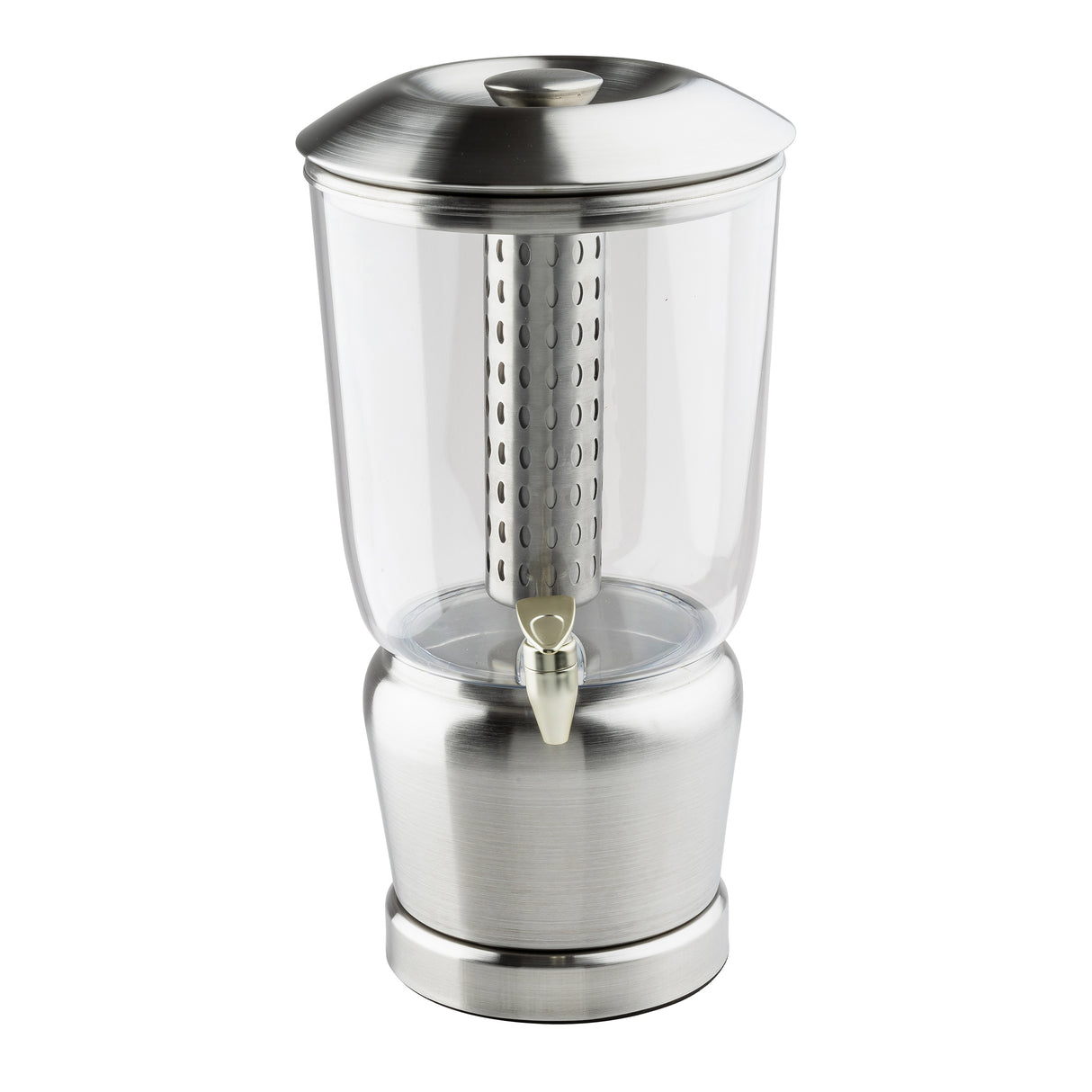 A modern beverage dispenser featuring a BPA free clear plastic body and stainless steel infuser, with a lid on top and a sleek spigot at the front—ideal for stylishly serving cold drinks.