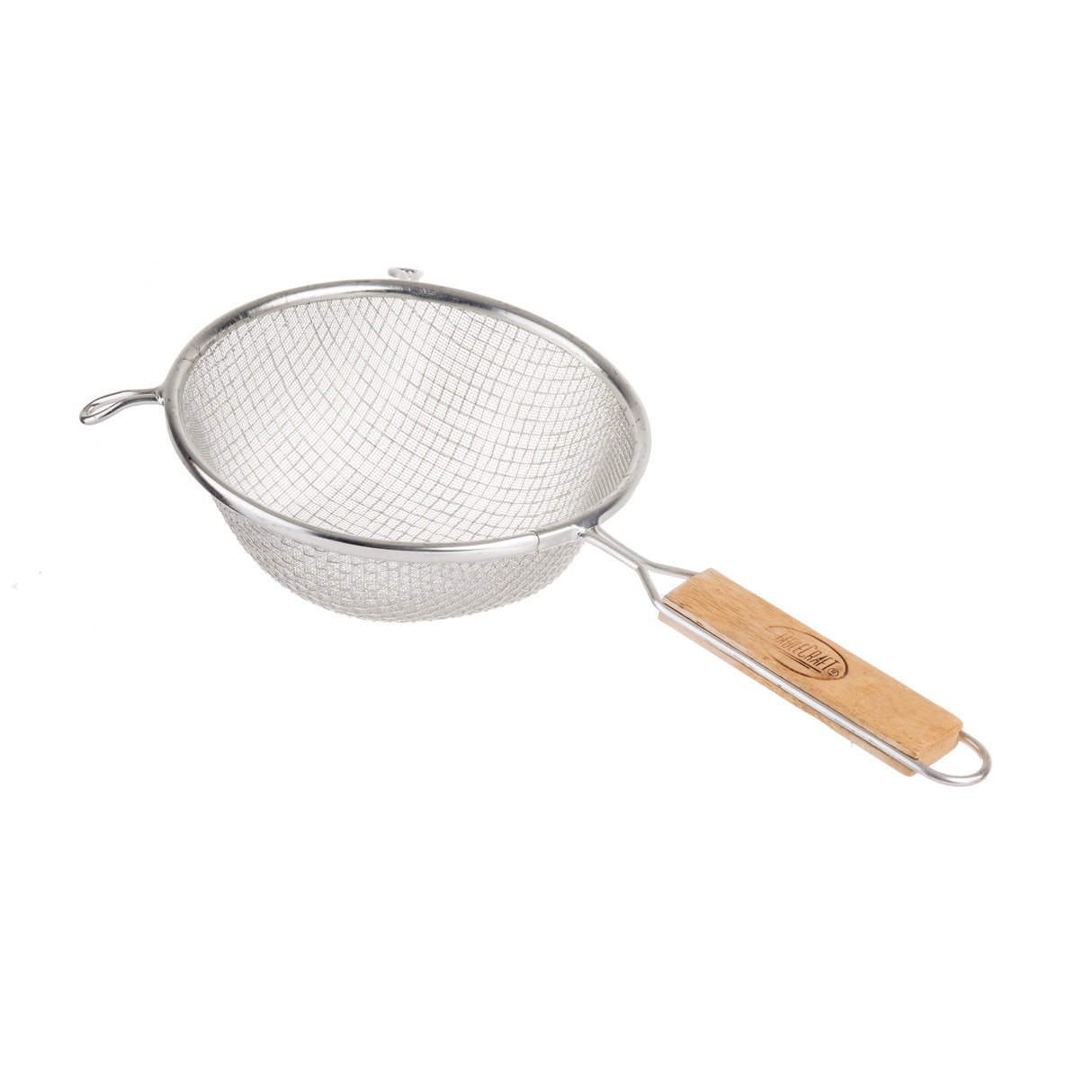 A metal wire mesh strainer with a circular basket and a double fine mesh for extra filtration. The wooden handle has a branded logo and metal loop for hanging, plus a small hook on the rim for stability on bowls or pots.