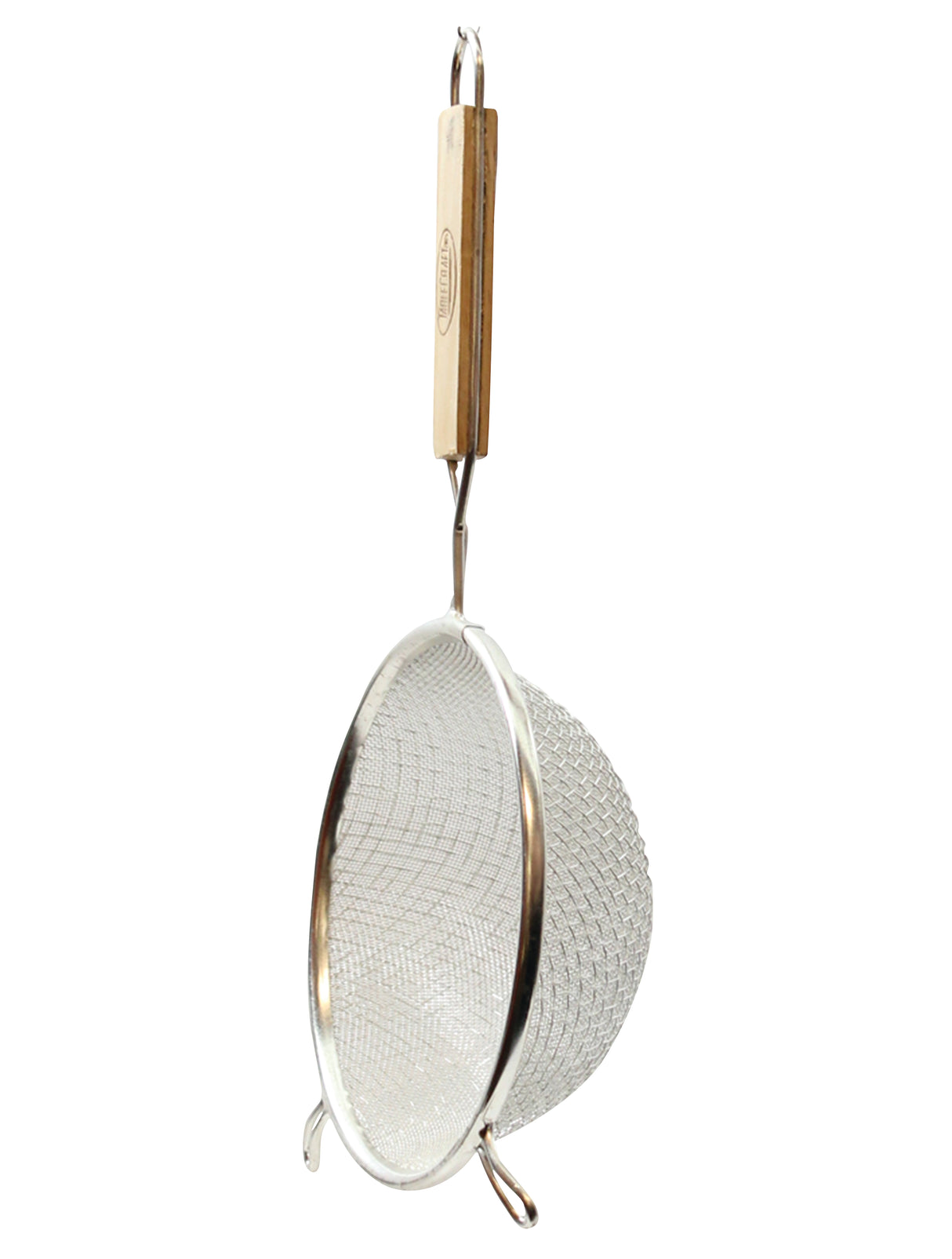 A double fine mesh strainer with a round frame features two small support hooks and a long wooden handle, perfect for sifting or straining food items in the kitchen with precision.