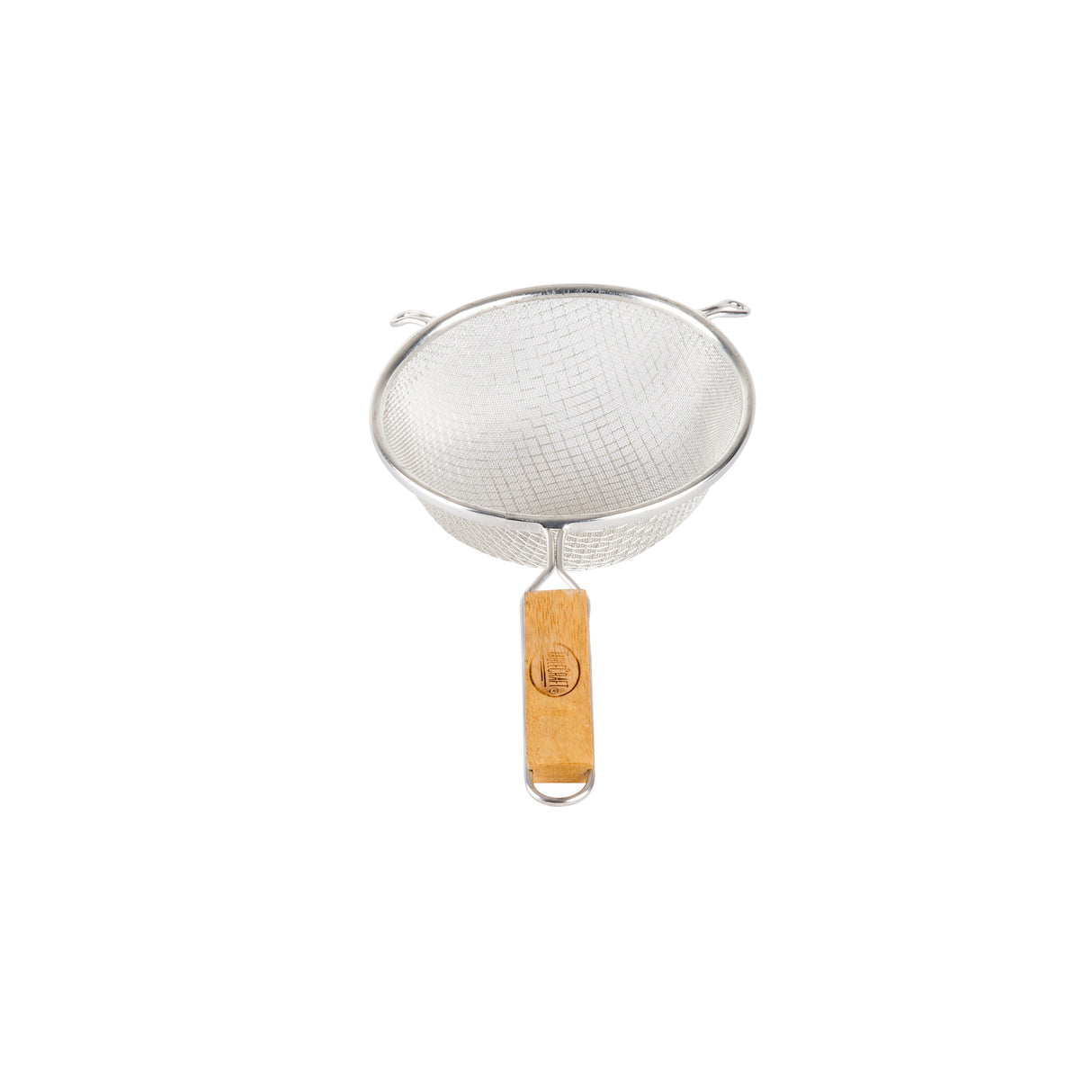 A metal mesh strainer with a round bowl, double fine mesh, and a wooden handle. Two small metal hooks on the rim provide stability when placed over a bowl or pot. The background is plain white.