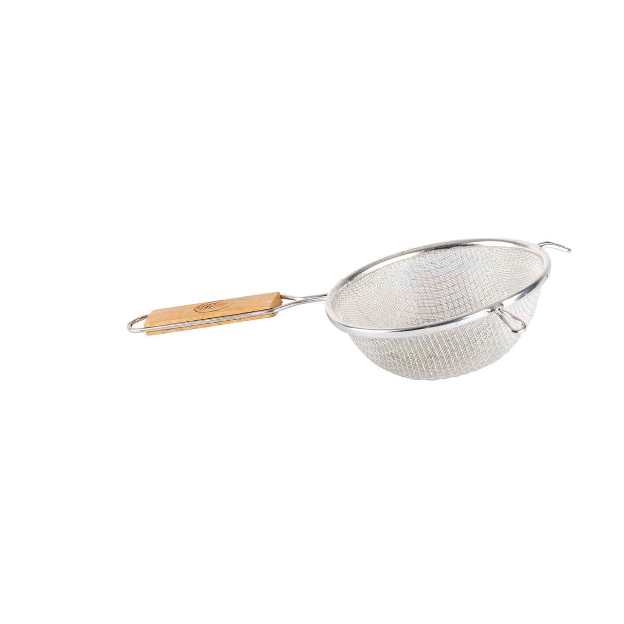 A double fine mesh strainer with a round bowl and a long, partly wooden handle. The metal loop at the end allows for easy hanging. The strainer is isolated on a white background.
