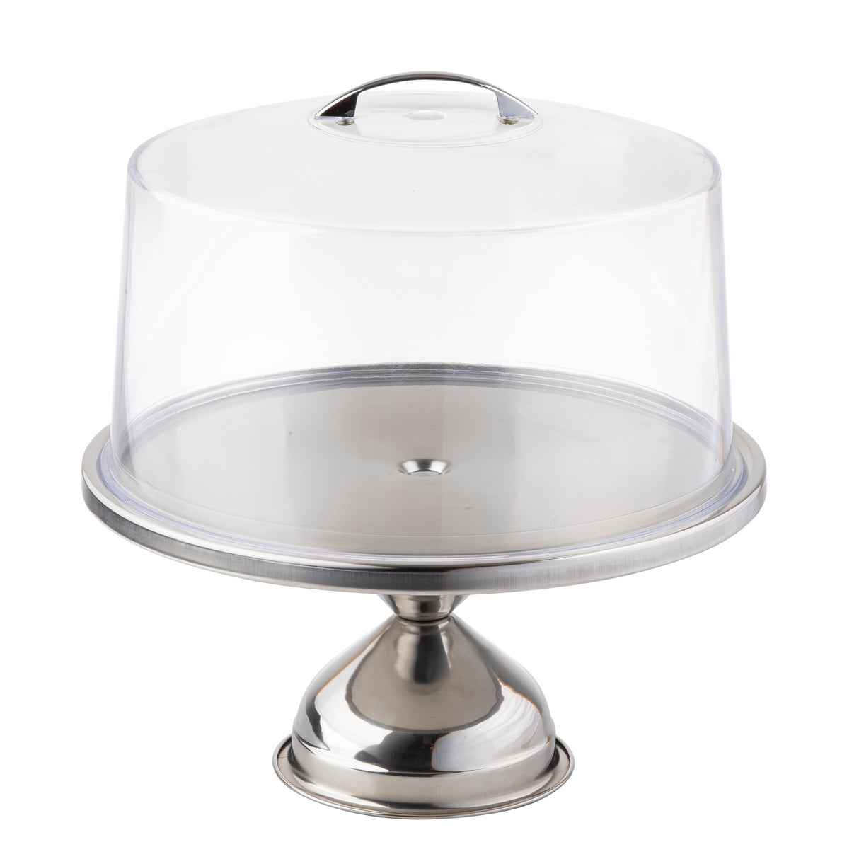 A shiny cake stand with a stainless steel base holds a round plate, covered by a clear plastic cover with a small handle on top. The stand and lid are empty, set against a plain white background.