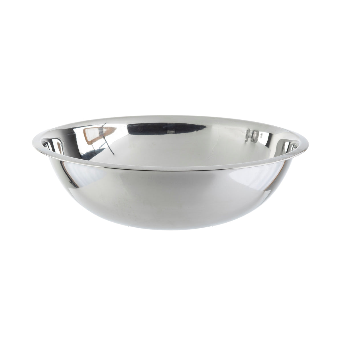 A shiny, empty 13 qt. stainless steel Mixing Bowl with a rounded shape and a wide, flat rim sits against a plain white background. Its reflective surface displays faint reflections of nearby objects and light sources.