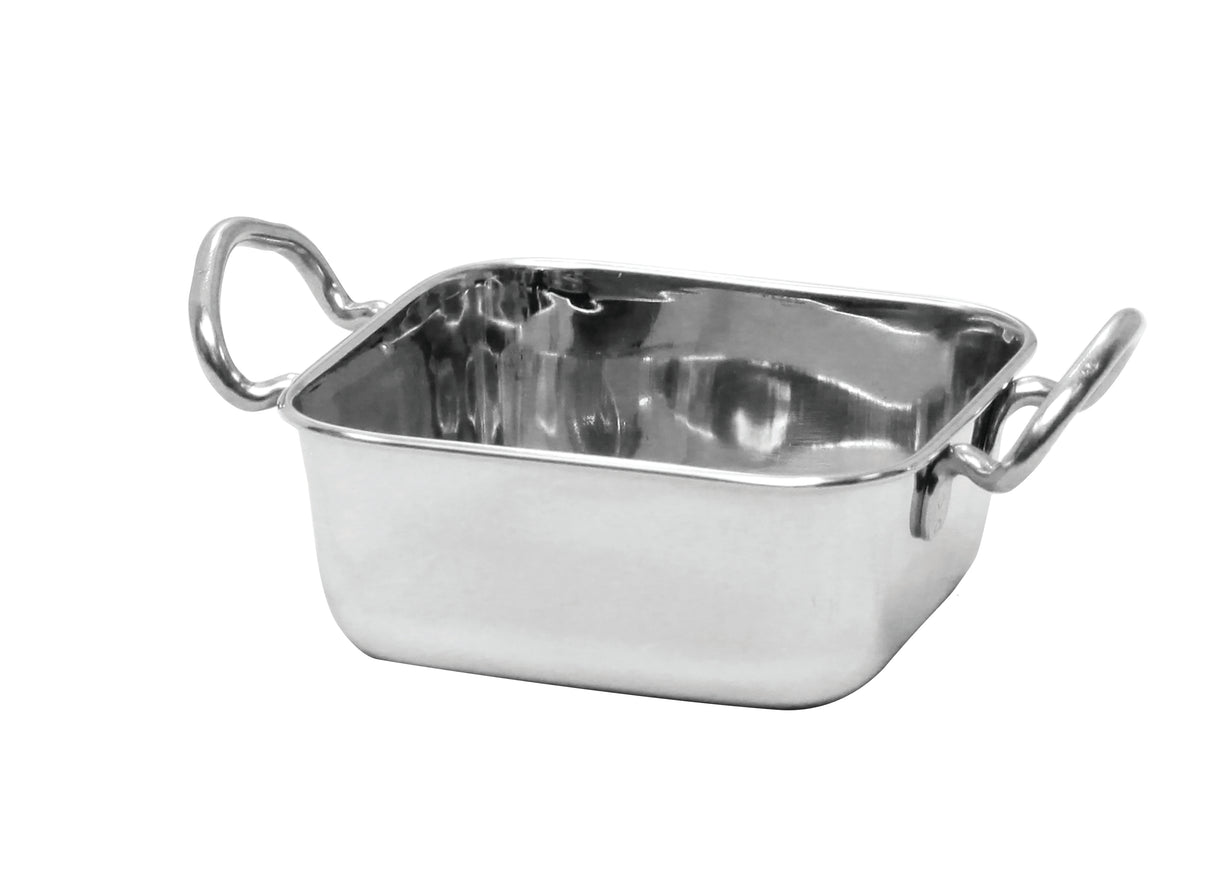 A square, stainless steel bowl with rounded edges and two large looped handles on opposite sides. The shiny, reflective surface makes this Mini Roast Pan both stylish and functional, perfect for your kitchen and dishwasher safe for easy cleaning.