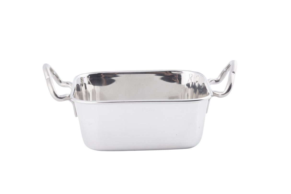 A shiny, rectangular stainless steel mini roast pan with high sides and two curved handles on each end, photographed on a white background. The surface is reflective and smooth, with clean lines; it's also dishwasher safe for easy cleaning.