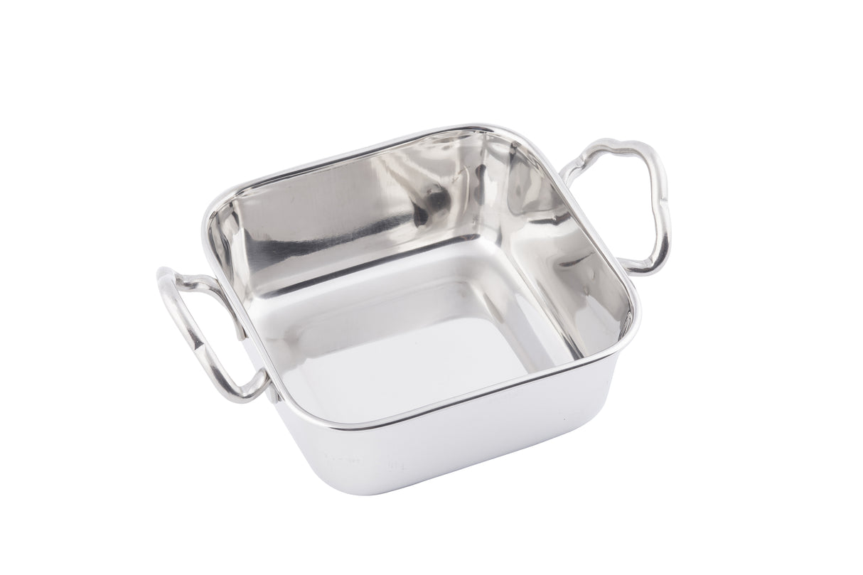 A shiny, empty, square stainless steel mini roast pan with rounded corners and two curved handles on opposite sides, set against a white background. The pan reflects light, highlighting its smooth, polished surface and is dishwasher safe.
