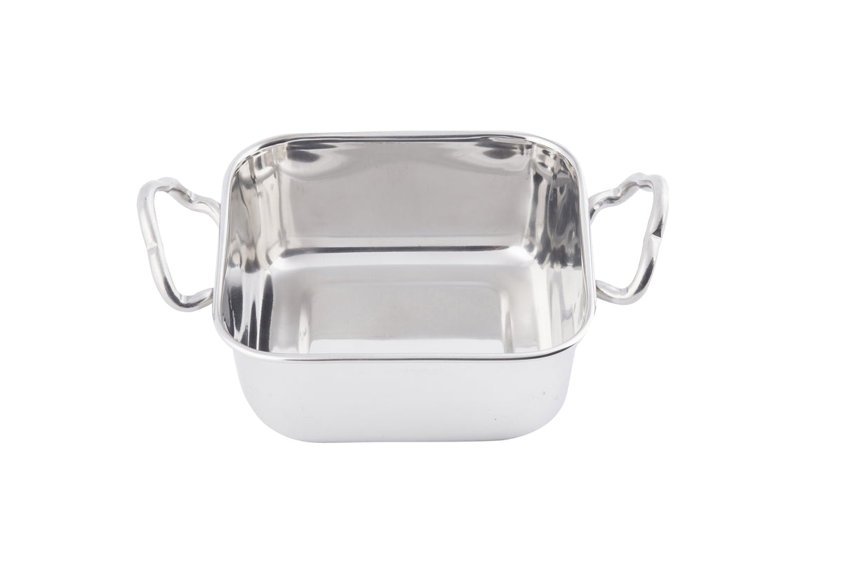 A shiny Mini Roast Pan, made of stainless steel with two sturdy curved handles, sits against a white background. Its high, straight sides and polished reflective surface make it both elegant and dishwasher safe.
