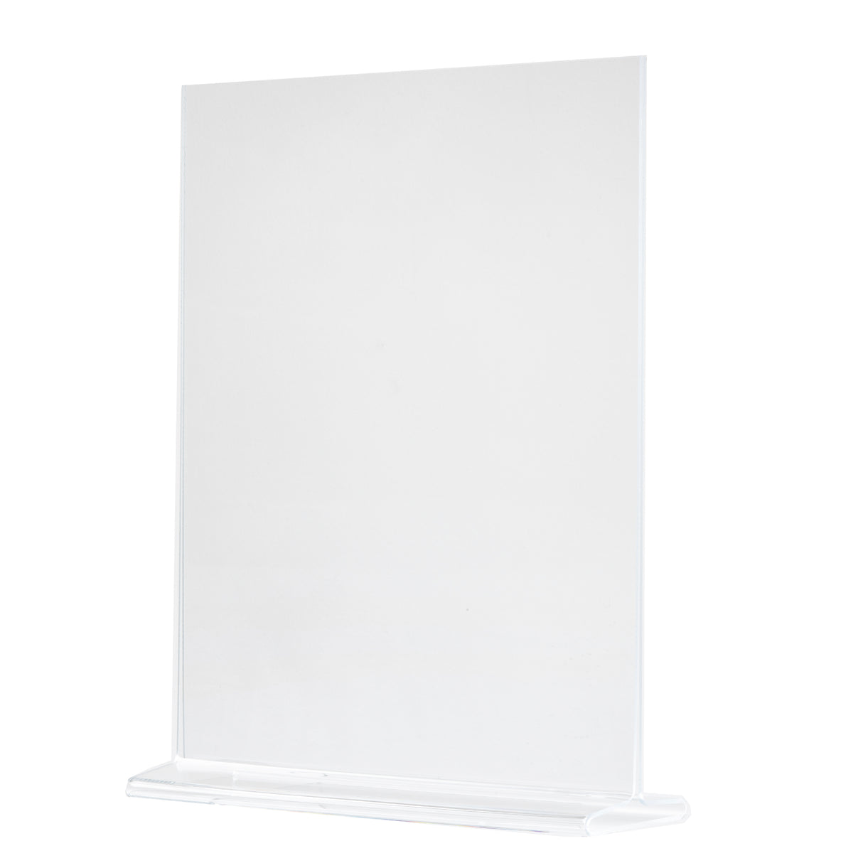 A clear acrylic menu holder stands vertically on a white background. It features a transparent rectangular frame with a wide, sturdy base, designed to display printed information or signs securely in an upright position. Made in USA.