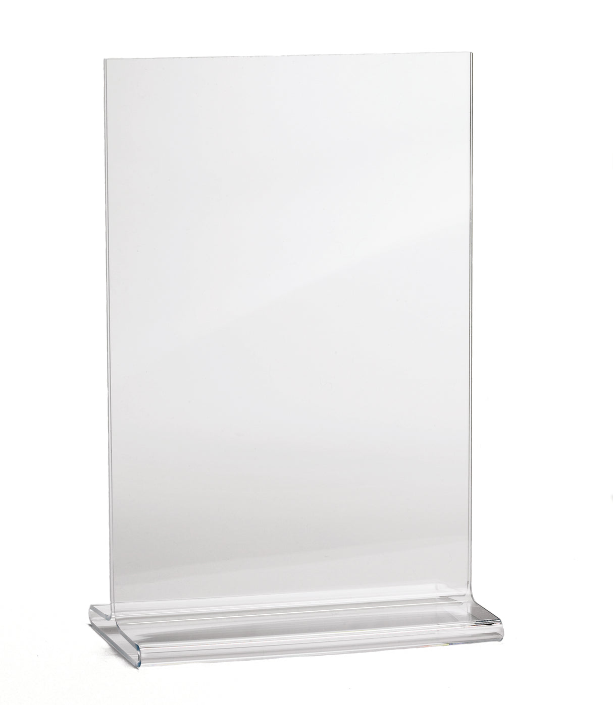 A clear, upright acrylic menu holder with a glossy, transparent finish and solid flat base. Made in USA, this rectangular holder stands empty against a plain white background, ready to display your signs or menus.