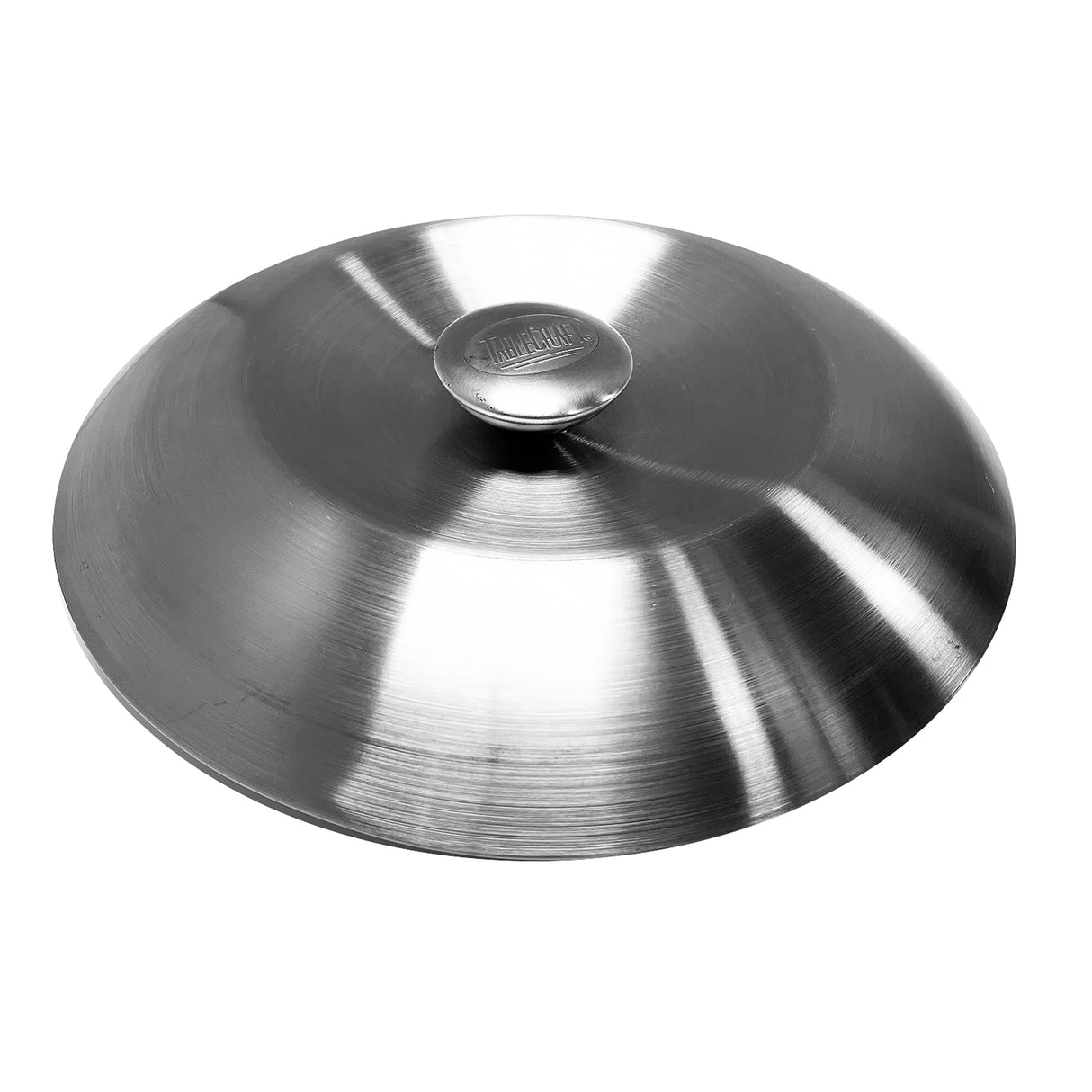 A shiny, round stainless steel pot lid with a wide, flat top and central knob handle. This dishwasher safe replacement cover features a brushed metal texture with circular patterns and is photographed on a white background.
