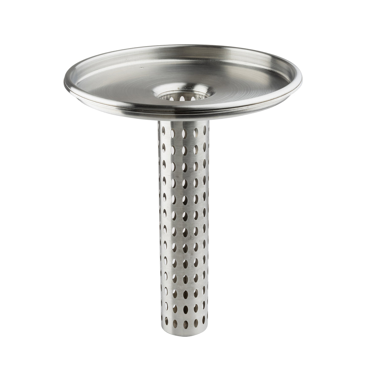 A stainless steel drain cover from TableCraft, featuring a flat, round top and a cylindrical, perforated strainer tube—much like an infuser—lets water pass through while catching debris.