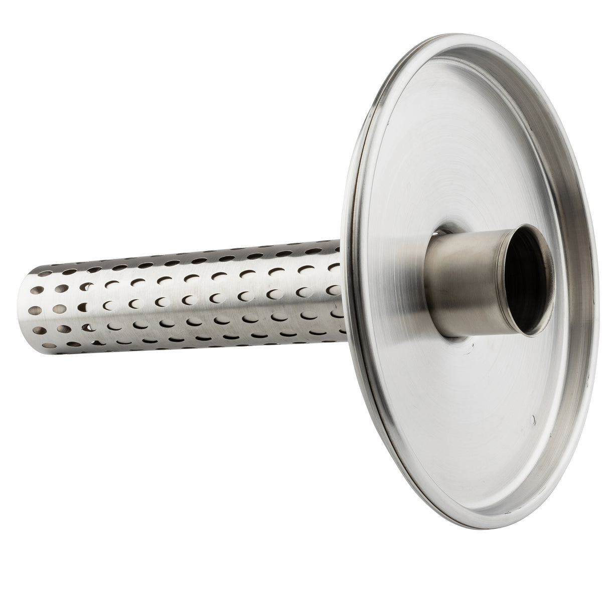 A stainless steel cylindrical infuser filter with a perforated tube attached to a solid, circular flat disc. The tube has evenly spaced round holes, making it ideal for use in a TableCraft beverage dispenser with its industrial design.