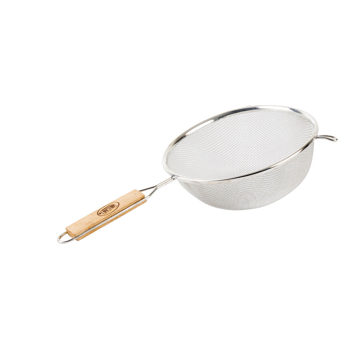 A medium mesh strainer with a round bowl and fine wire mesh, featuring a light wooden handle and a small metal loop opposite the handle for resting on a pot or bowl. The background is plain white.