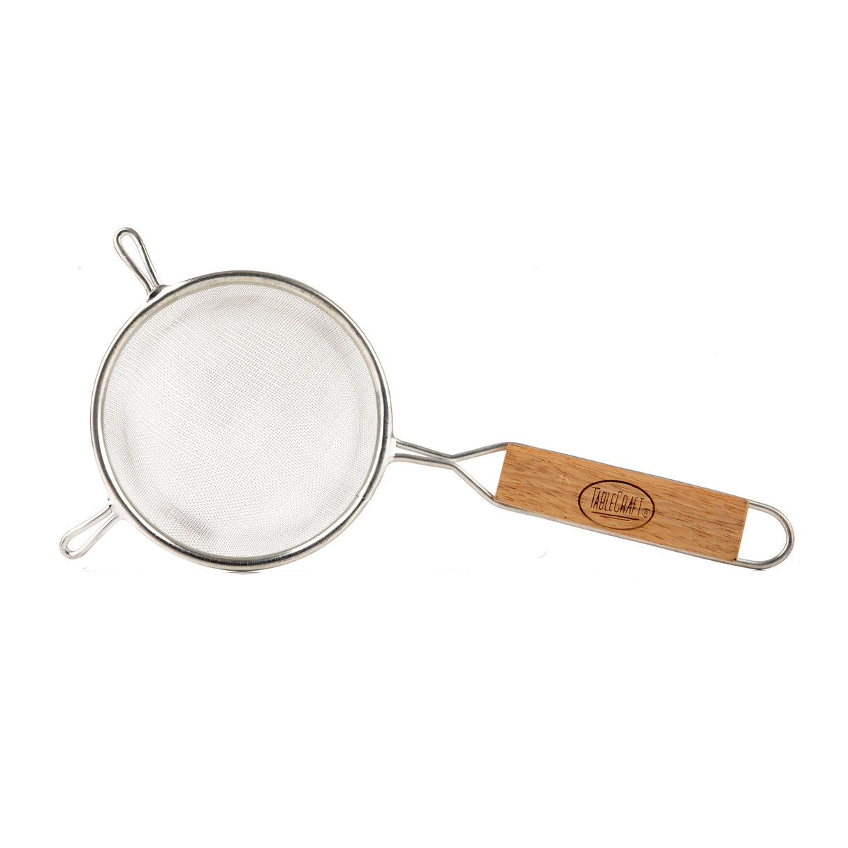 A fine mesh strainer with a round sieve and two support hooks on one side. It features a wooden handle with an engraved logo and a metal loop for hanging, photographed on a white background.