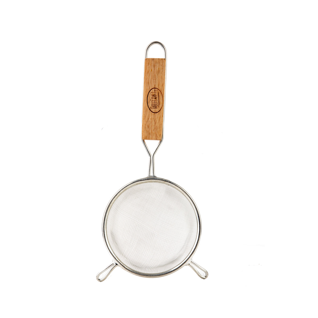 A round metal mesh strainer with a fine mesh sieve, featuring a wooden handle engraved with text. The handle has a metal loop for hanging, and the strainer has two support hooks at the base for stable use over a bowl.