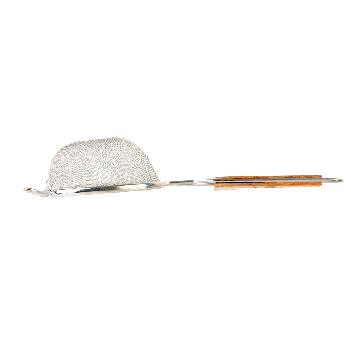 A fine mesh strainer with two wooden handles is shown in side profile against a plain white background. The metal wire sieve and sturdy wooden handle details are clearly visible.