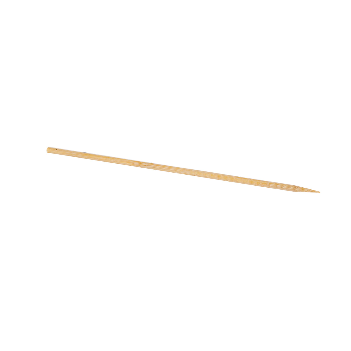 A single 6 inch skewer lies diagonally on a white background. The thin, light brown skewer is tapered to a sharp point at one end and blunt at the other, with visible wood grain and slight imperfections along its length.