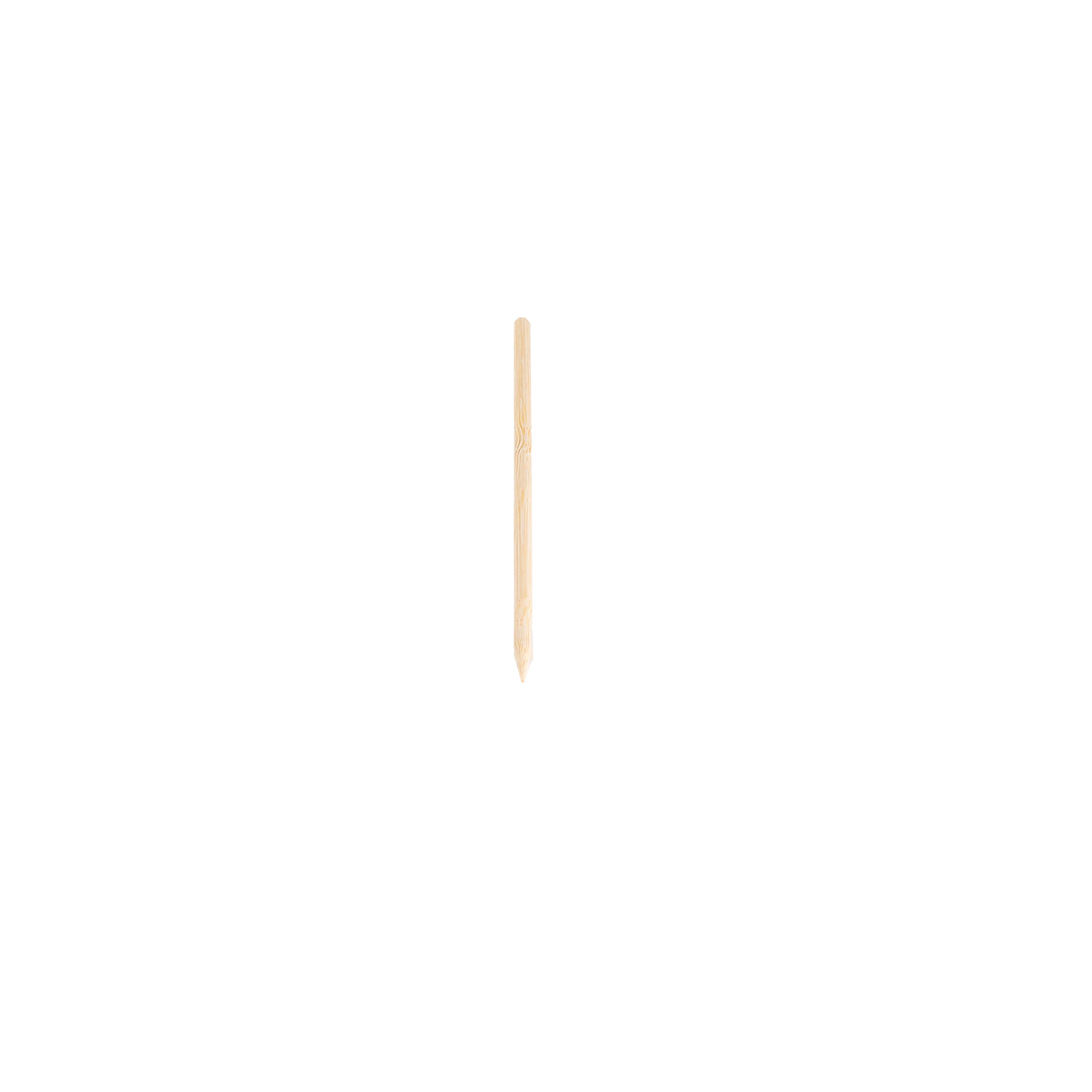 A single bamboo skewer, resembling a plant label or garden marker, stands upright against a plain white background. The 6 inch skewer is smooth, light-colored, and tapers to a pointed end at the bottom.