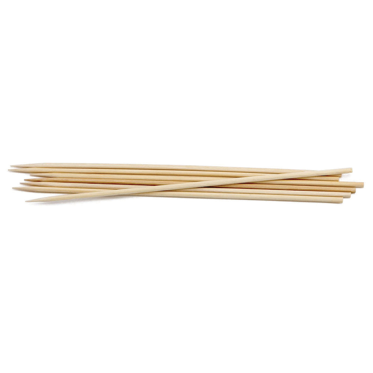 A group of bamboo skewers lies stacked in a slightly scattered pile. Each skewer is thin, cylindrical, and pointed at one end, with a smooth, light-colored surface. The TableCraft Products Cash & Carry Skewers are arranged horizontally on a plain white background.