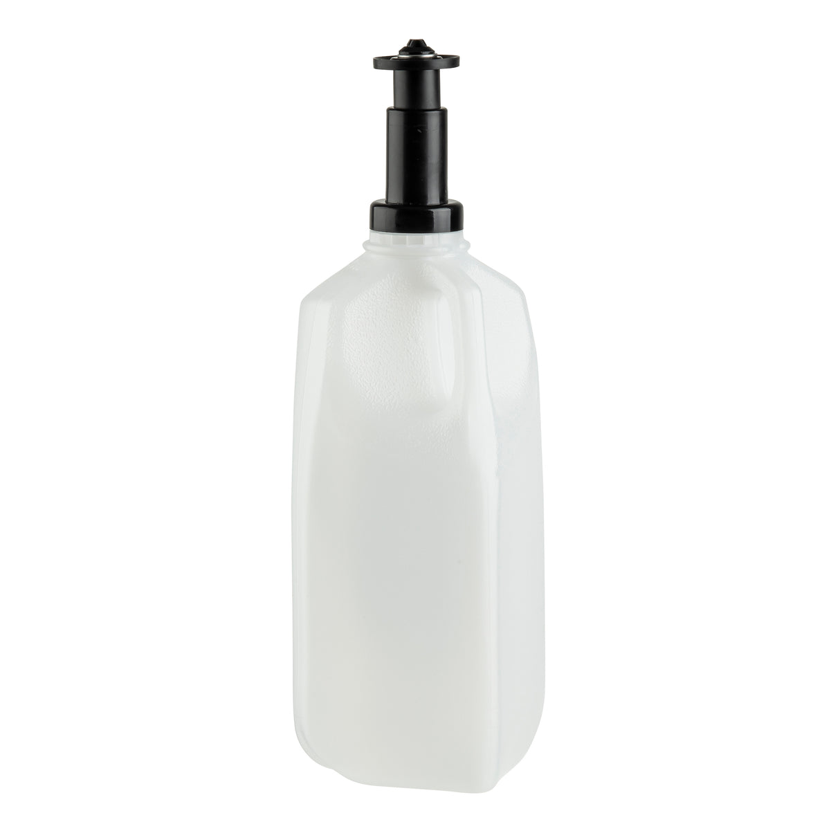 A translucent, rectangular plastic bottle with a black pump dispenser on top. Dishwasher safe and Made in USA, this utilitarian bottle is ideal for liquid soap, sanitizer, lotion, or as a convenient pepper refiller. The background is plain white.