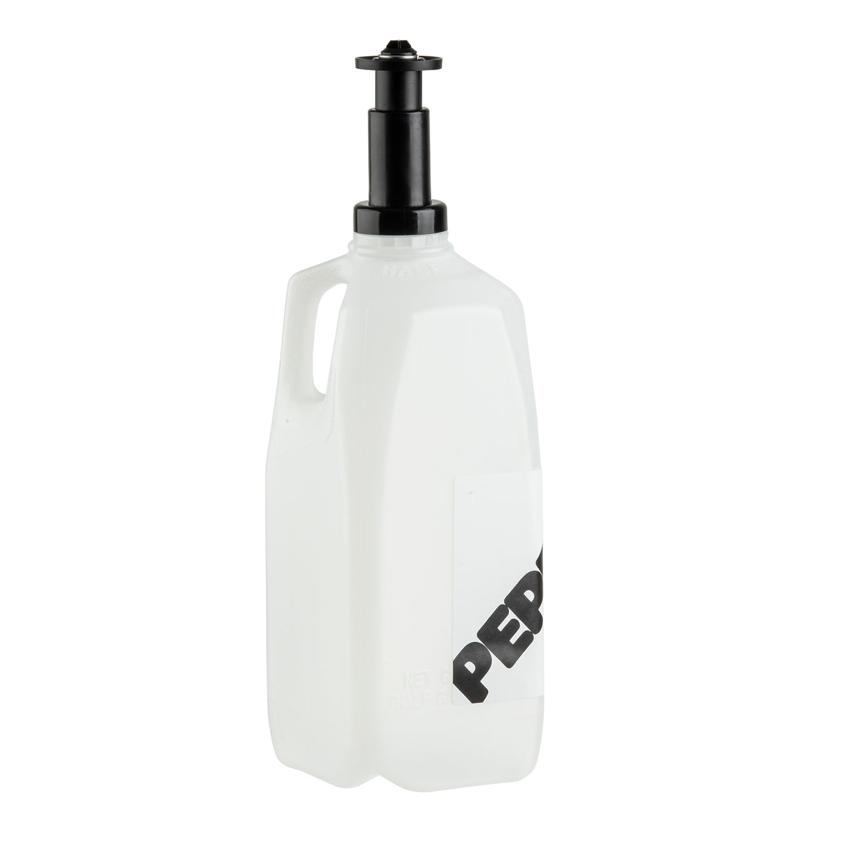 A white plastic syrup bottle with a black pump dispenser and side handle. The bold label reads PEP, likely for peppermint syrup. This bottle is dishwasher safe, making cleanup easy. The background is plain white.