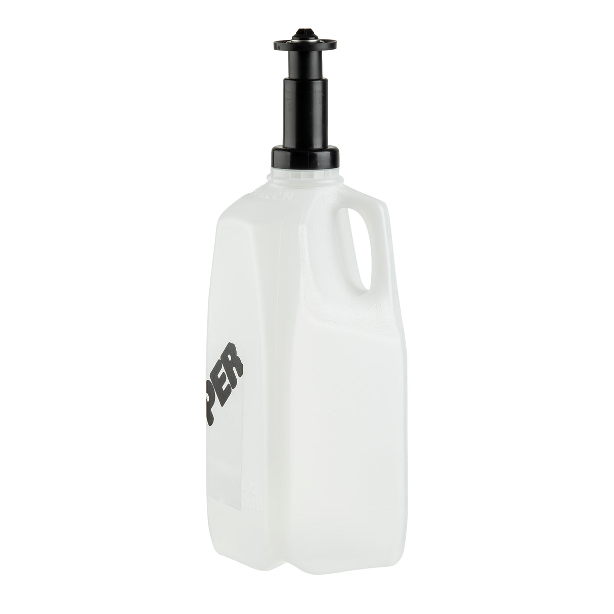 A white plastic jug with a black pump dispenser on top and a built-in handle. The bold black letters PER are printed vertically on its side. This pepper refiller is dishwasher safe. The background is plain white.